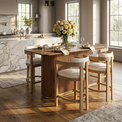 Kyra 5-Piece Mid-Century Modern Rubberwood Counter Bar Set With Upholstered Curved-Back Stools