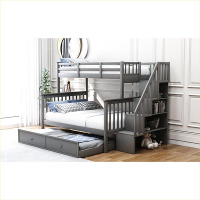 Lit superposé simple au-dessus de double avec gigogne et rangement en bois massif