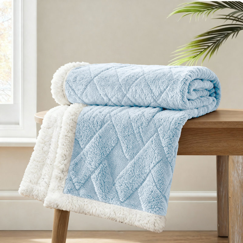 Couverture polaire en sherpa jacquard réversible 100% polyester Blue Nile Mills, chaleur toutes saisons, Jeté, Bleu clair