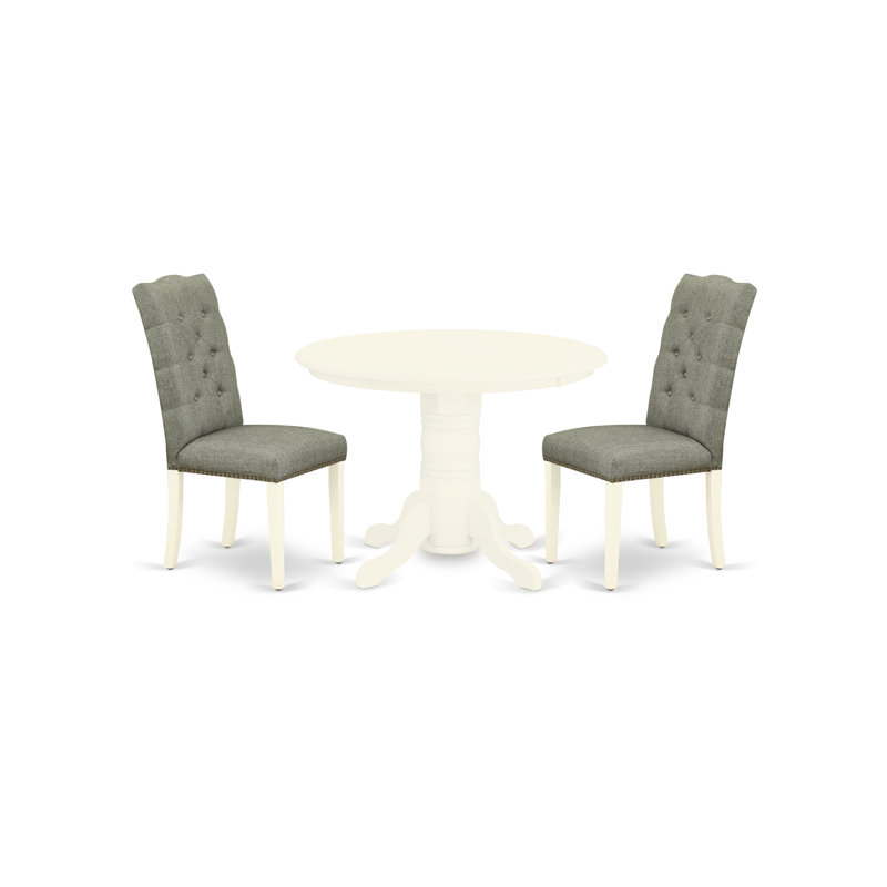 3 Piece Modern Dining Table Set Contains a Round Kitchen Table with Pedestal and 2 Gray Linen Fabric Upholstered Parson Chairs, Linen White