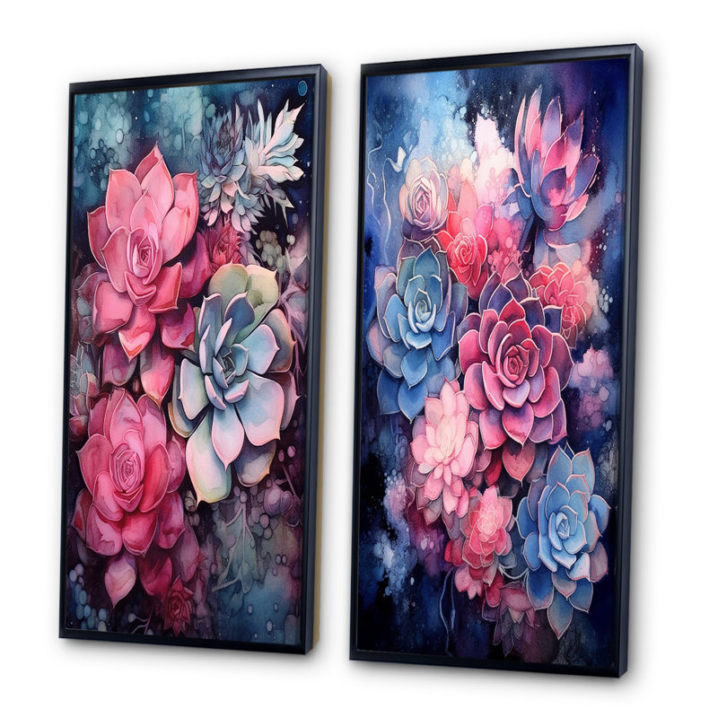 «Pink Blue Succulent Resilience», 2 pièces sur toile, H 40 po x l 40 po, Cadre noir