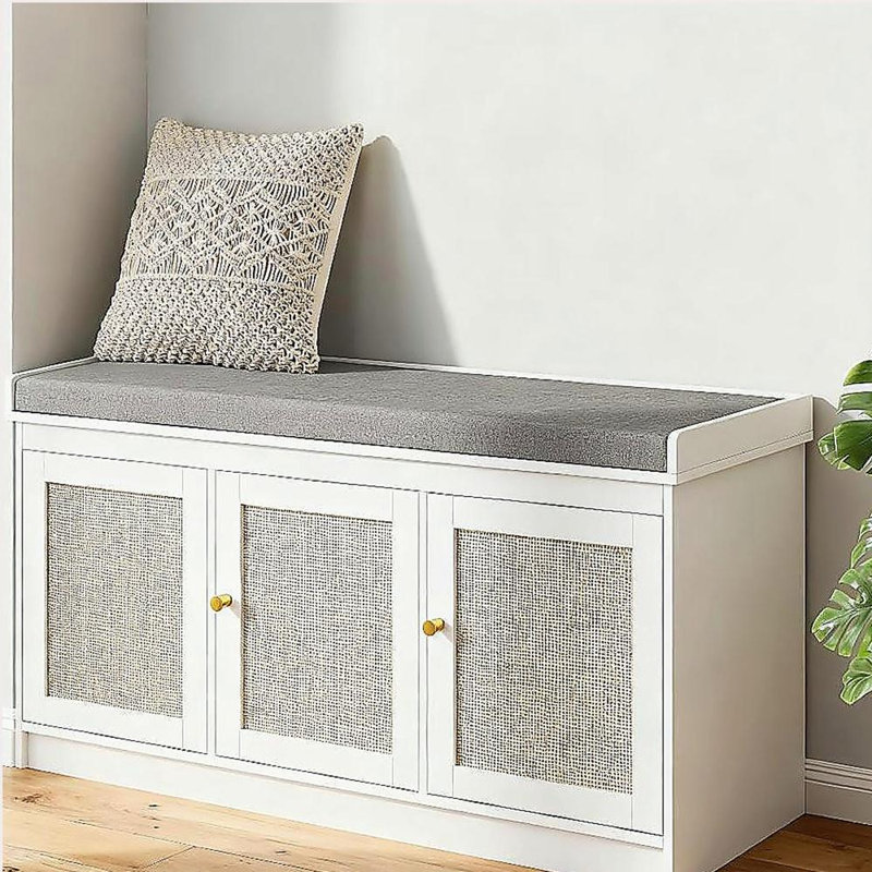 Shoe Storage Bench with Woven Rattan Doors, Shoe Bench with Cushion, White/Gray
