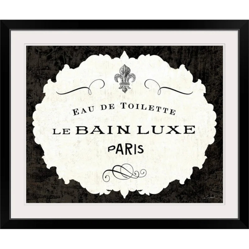 «Le Bain Luxe I» par Sue Schlabach - impression textuelle, H 32 po x l 38 po, Impression encadrée, Black