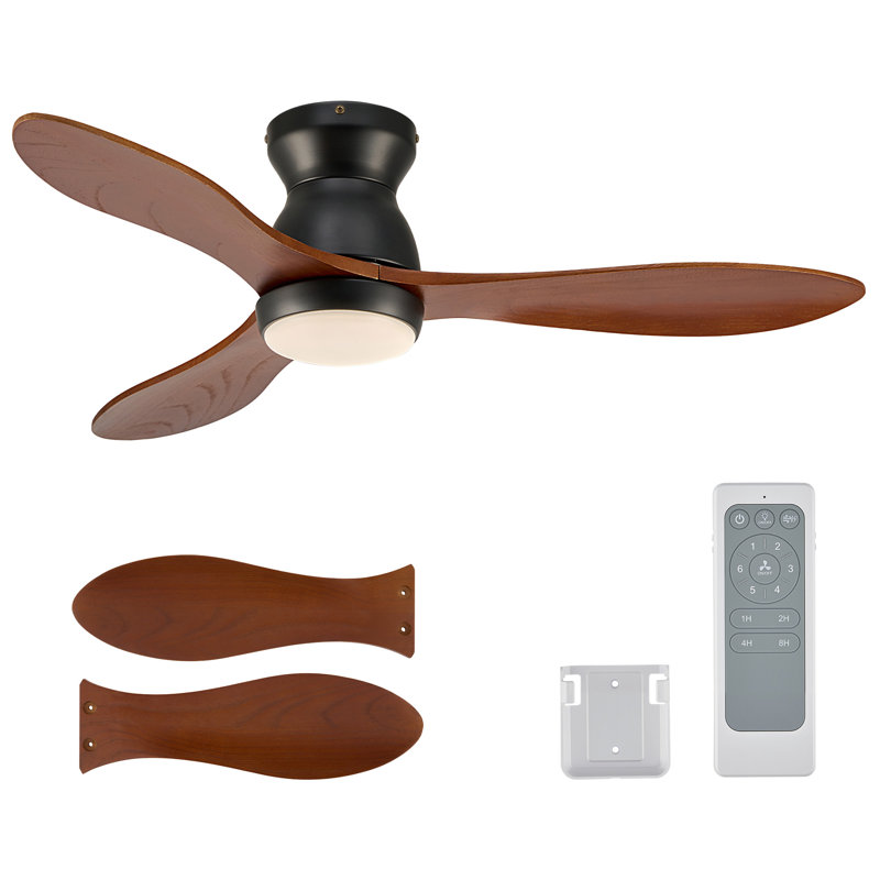 42" Flush Mount Low Profile Small Room Solid Wood Ceiling Fan with LED Light and Remote, Brown Wood