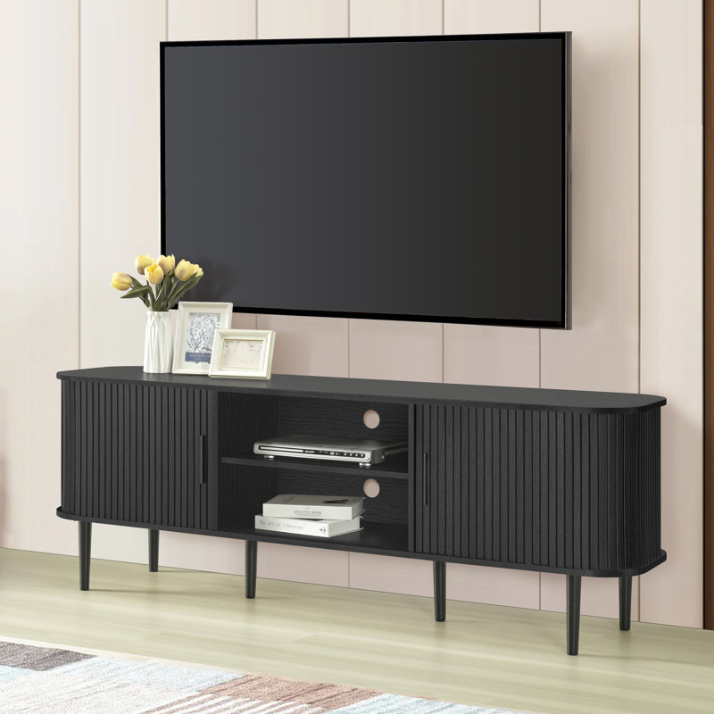 Aguilera 67.7" W Mid Century Modern TV Stand with Storage and Shelves to fit up to 75" TVs, Black Oak