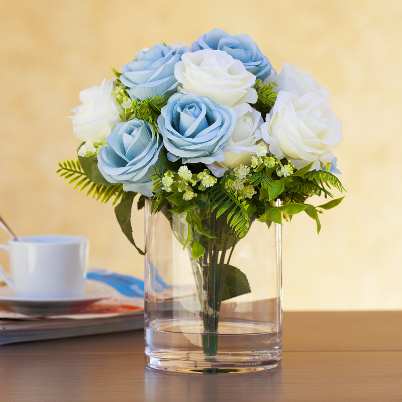 12 " Faux Rose in Glass Vase, Blue Cream