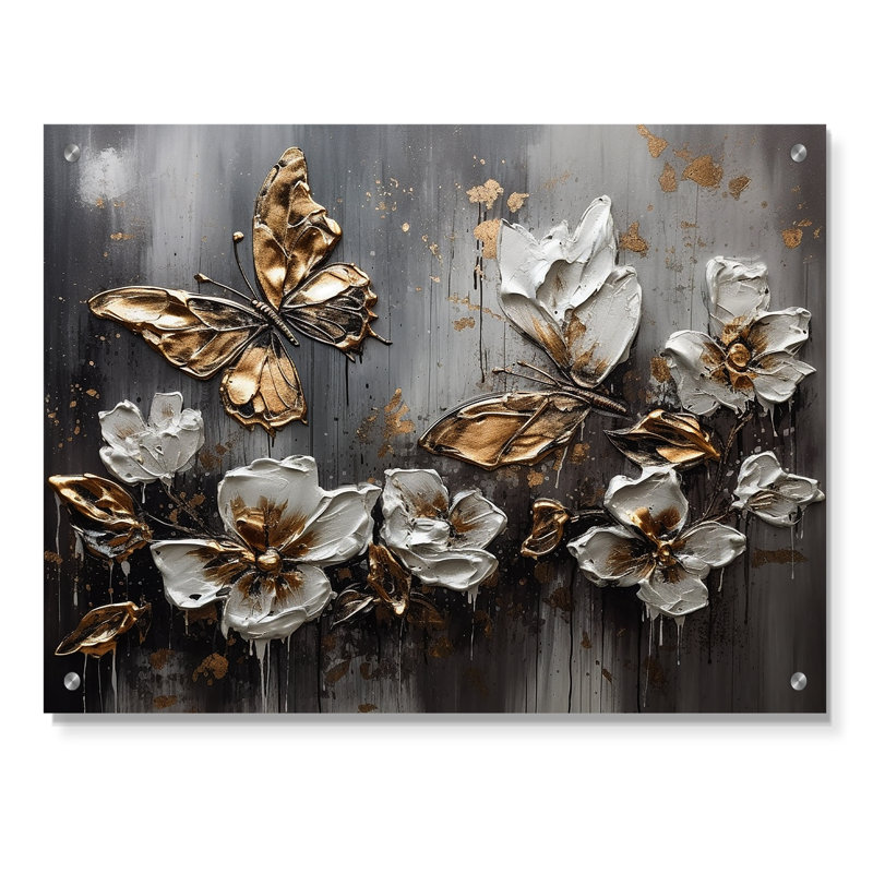 Ailes de papillon doré blanc et fleurs III - Art floral acrylique, décoration murale, H 16 po x l 32 po