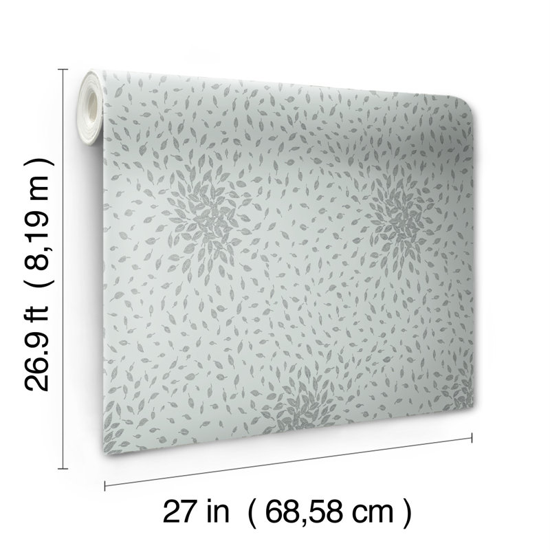 Petite Leaves Floral Metallic Wallpaper Roll, Spa/Silver