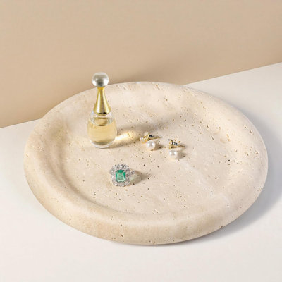Round Travertine Tray, 8" Vanity Decorative Marble Tray for Countertop, Catchall for Perfume, Candles, Jewellery Dish