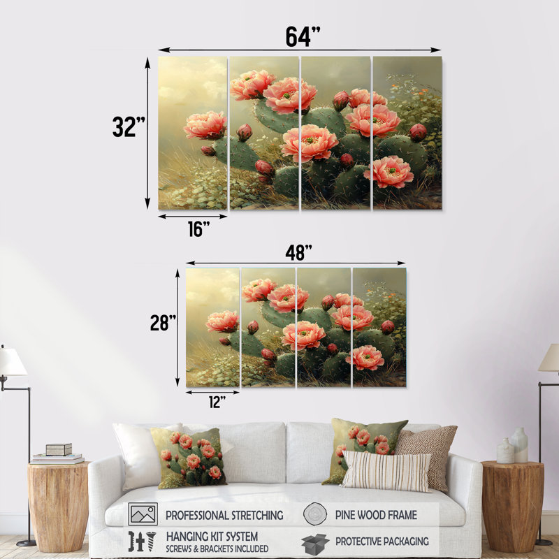 Cactus en pleine floraison à l'aube II - décoration murale cactus floral - art mural traditionnel, H 32 po x l 64 po, 4