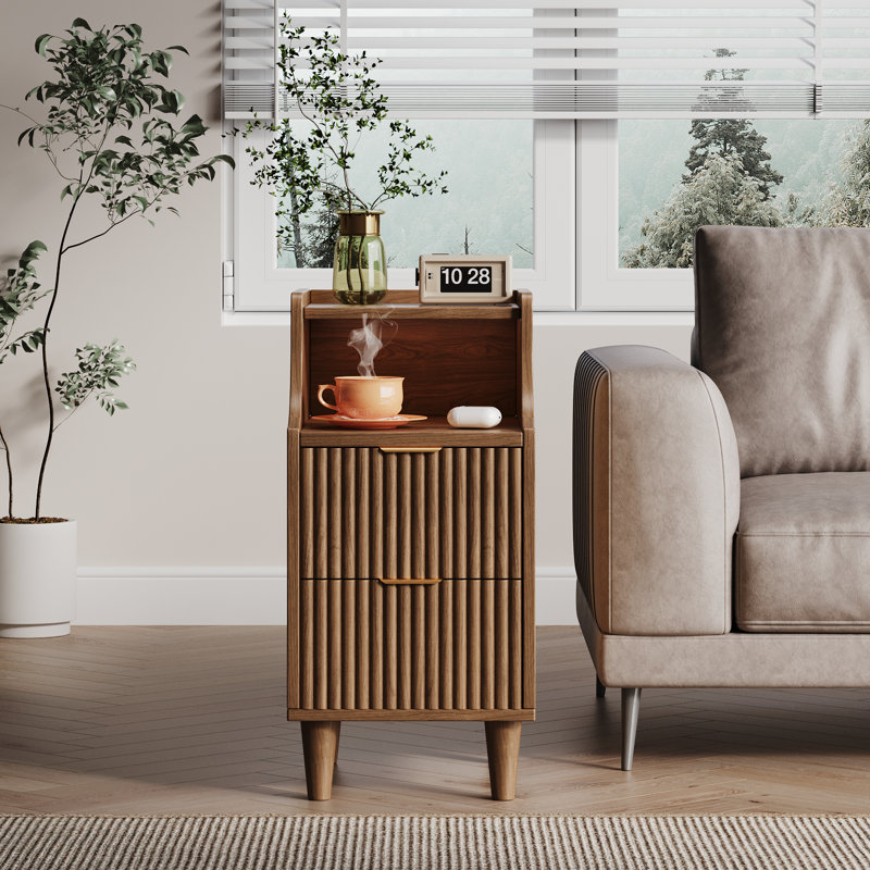 11.8" Fluted Nightstand & Narrow Bedside Table With 2 Drawers Set Of 2, Walnut