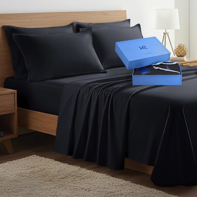 100% Organic Viscose From Bamboo Sheets Set, 300 Thread Count, 4-pc Set, Luxury Cooling Sheets, Deep Pockets - Gift-Ready Packaging, Queen Size (Deep Black)