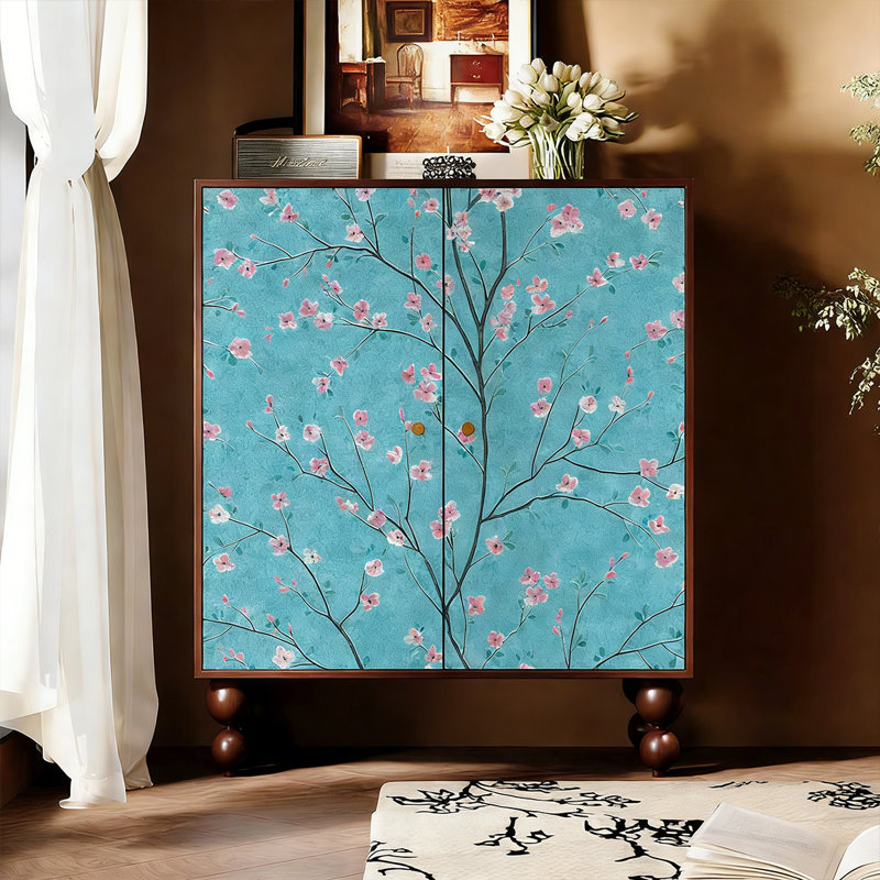 Vintage Floral Wood Shoe Cabinet, Walnut