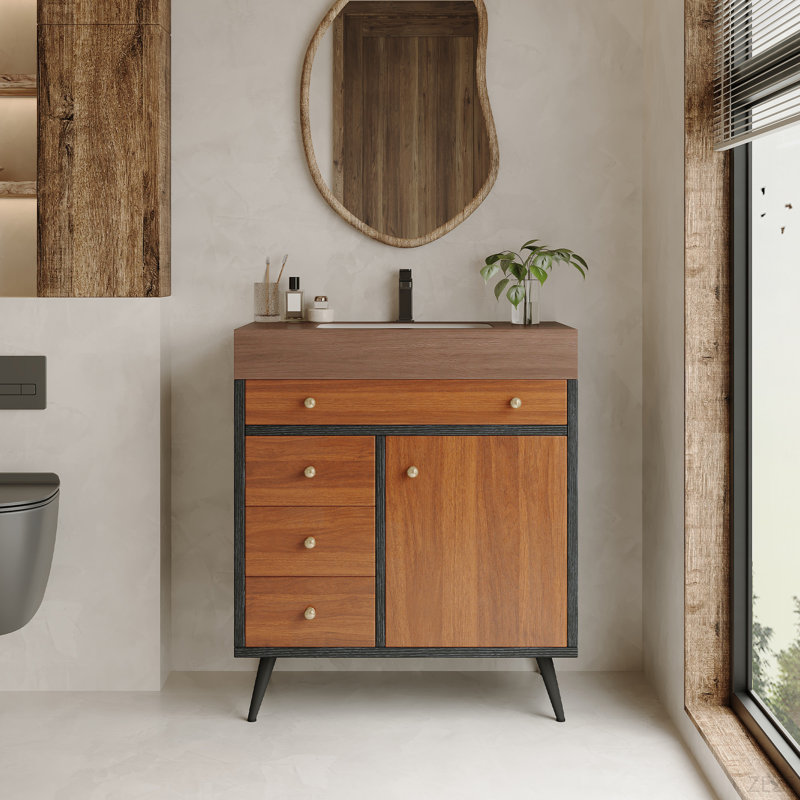 Meuble-lavabo autoportant moderne Mid-Century avec lavabo en céramique et plateau en pierre frittée, Brun