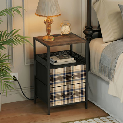  Table de chevet 24,2 po à 2 tiroirs Tartan classique à carreaux beige, bleu, brun, crème, damier, textile, table de chevet