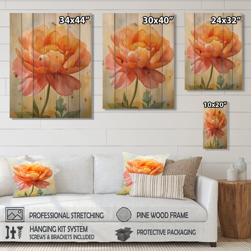Sun-Kissed Peony Elegance II - Peonies Wood Wall Art - On Natural Pine Wood, 32" H x 24" W x 0.78" D