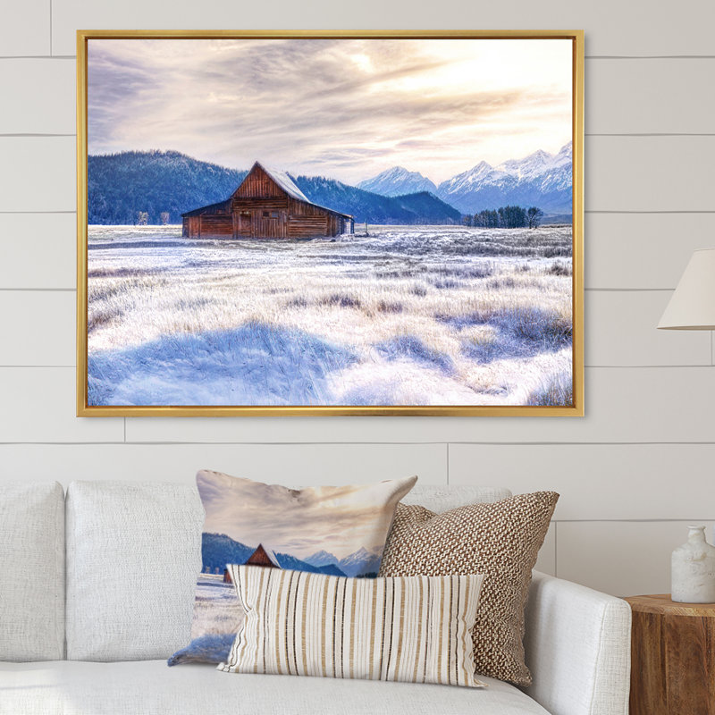 Art sur toile chalet chalet dans les montagnes d'hiver, H 40 po x l 30 po x P 1,5 po, Cadre flottant doré