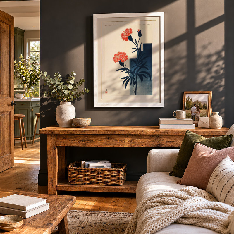 Carnations in Indigo Vase Japandi - Framed Print, A3 - 42.0 x 29.7 cm, White