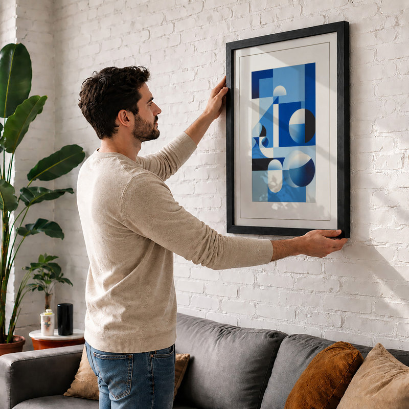 Blue Forms in Balance Geometric - Framed Print, Walnut, A1 - 84.1 x 59.4 cm