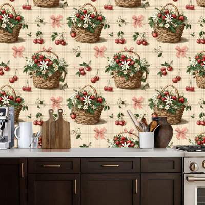 Peel and Stick Wallpaper Vintage Strawberry Cherry Basket Floral Accents Beige Contact Paper Removable Self Adhesive Wall Mural Wall Decor for Bedroom Kitchen Cabinets 24in x 118in