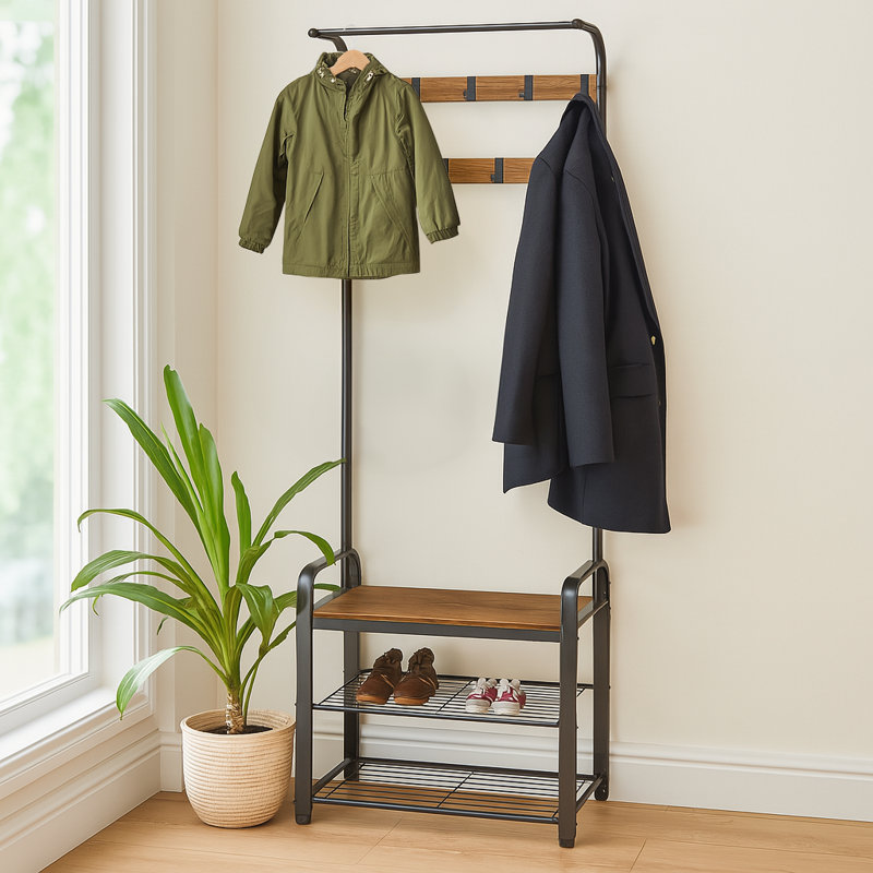 Curved Steel Coat Rack with Shoe Storage Bench - Black Frame with Wooden Seat, Brown