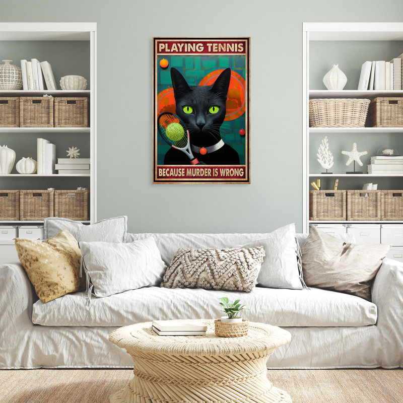 Chat noir jouant au tennis sur toile, H 36 po x l 24 po x P 1,25 po