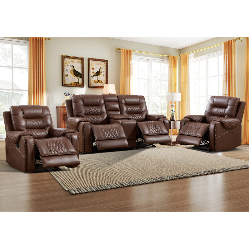 Ensemble de salon inclinable manuel en similicuir 3 pièces avec console de rangement et porte-gobelets, Marron clair