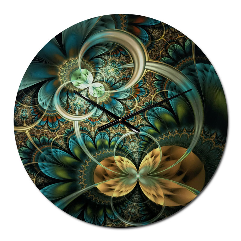 Symmetrical Blue Gold Fractal Flower - Modern wall clock, Medium