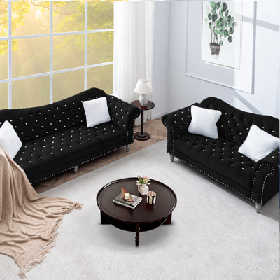 Retro Chesterfield Sofa Set For Living Room - Polyester Fabric Upholstery With Solid Wood Frame by House of Hampton