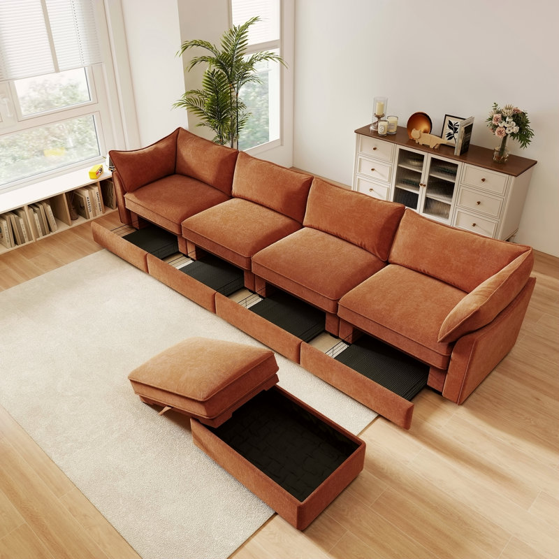 Canapé modulaire en L à 4 places avec repose-pieds mobile, accoudoirs en forme de croissant et coussins enveloppants en chenille orange