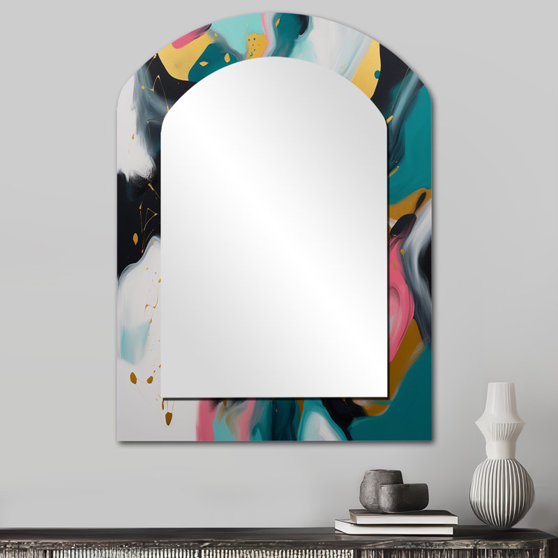 Turquoise et rose abstrait Serenity I - grand miroir mural asymétrique abstrait, miroir décoratif de forme libre turquoise, impression d'art en métal