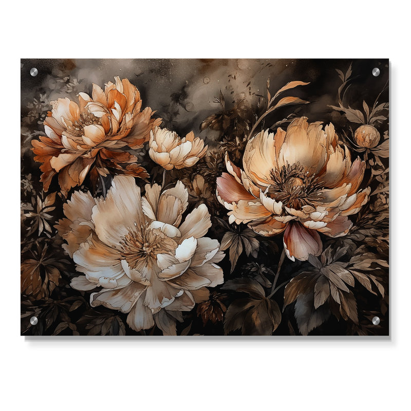 Crème brun pivoines en mouvement - pivoines, art mural acrylique moderne, H 12 po x l 20 po