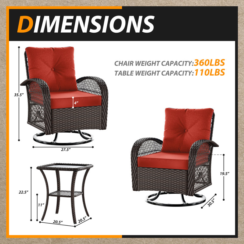 Yentin 3-Piece Rocking Chair Set with Cushions, Wine