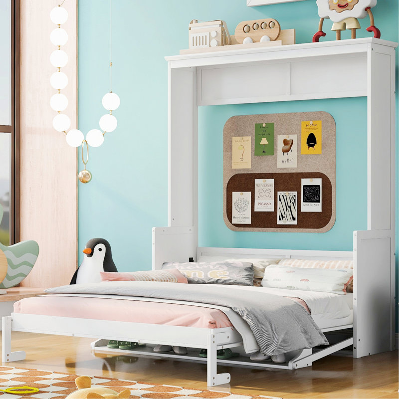 Lit élégant pour appartement, chambre d'amis, lit plateforme avec lit escamotable et tablette, Blanc