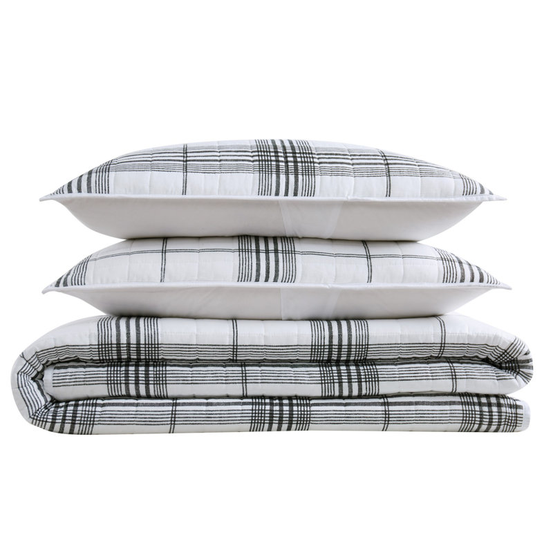   Ensemble de courtepointe en coton blanc / noir / gris, Courtepointe très grand et 2 très grandes taies
