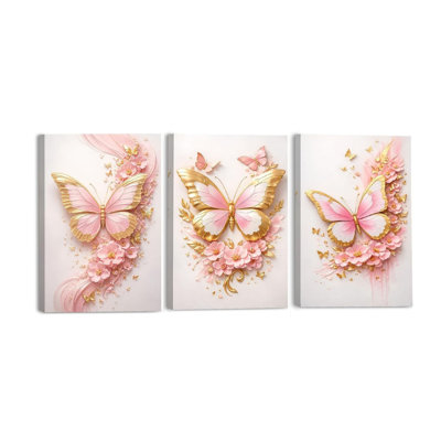 3 Pcs Pink 3D Butterfly Floral 16 × 20 in (40 × 50 cm) Romantic Canvas Wall Decor for Bedroom Living Room