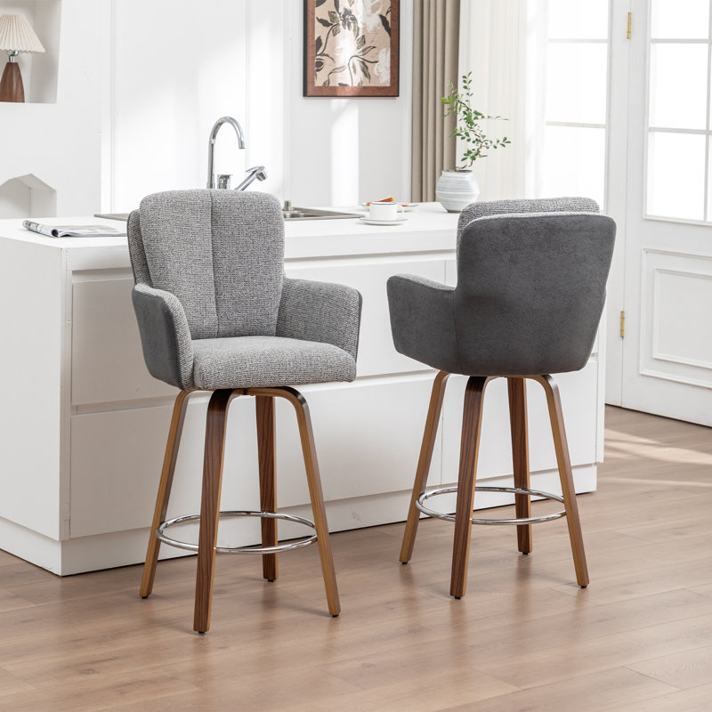 White Cozy Modern Swivel Upholstered Counter Stool With Bentwood Legs, Light Grey