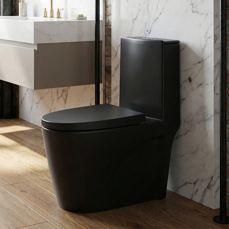 Modern Integrated One-Piece Toilet, Fan-Shaped Side Design, 1.1/1.6 GPF Water-Saving Dual Flush, ADA Compliant Elongated Raised Seat, Black