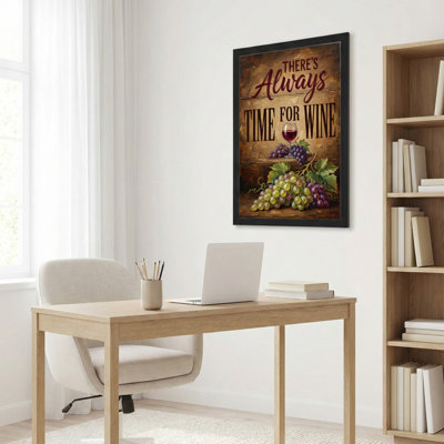 Il y a toujours du temps pour le vin : tableau sur toile tendue représentant des raisins et des verres, avec un fond en bois rustique et un motif de vignoble, idéal pour la décoration de la cuisine, du salon ou d'un bar à vin.