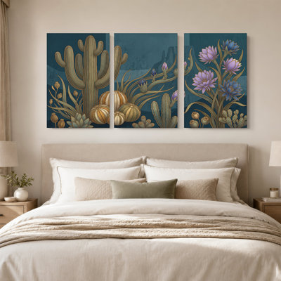 «Cactus» détaillée et détail de fleurs mauves sur fond bleu sarcelle