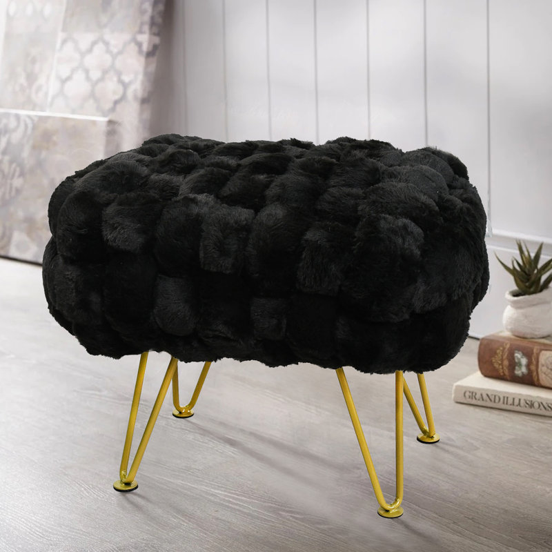 Deya Upholstered Ottoman, Black Faux Fur