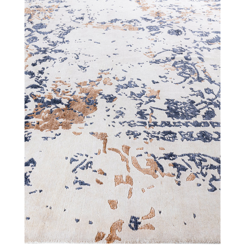 Ivory and Blue Hand-Knotted Wool and Silk Area Rug