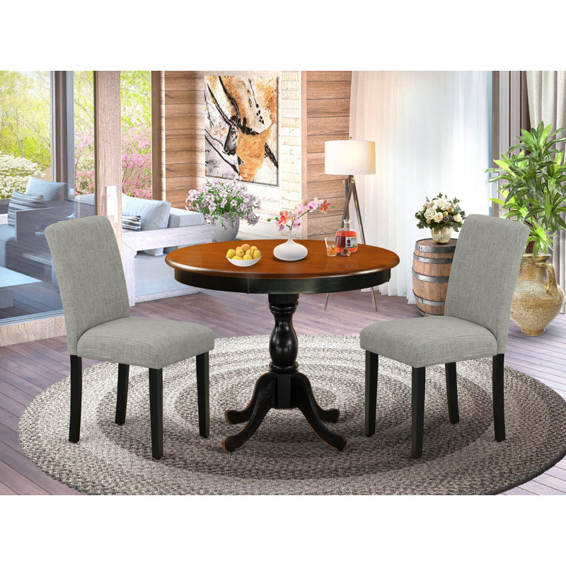 Ensemble de table de salle à manger 3 pièces pour petits espaces comprenant une table de cuisine ronde avec piédestal et 2 chaises rembourrées en tissu Shitake, noir et cerisier