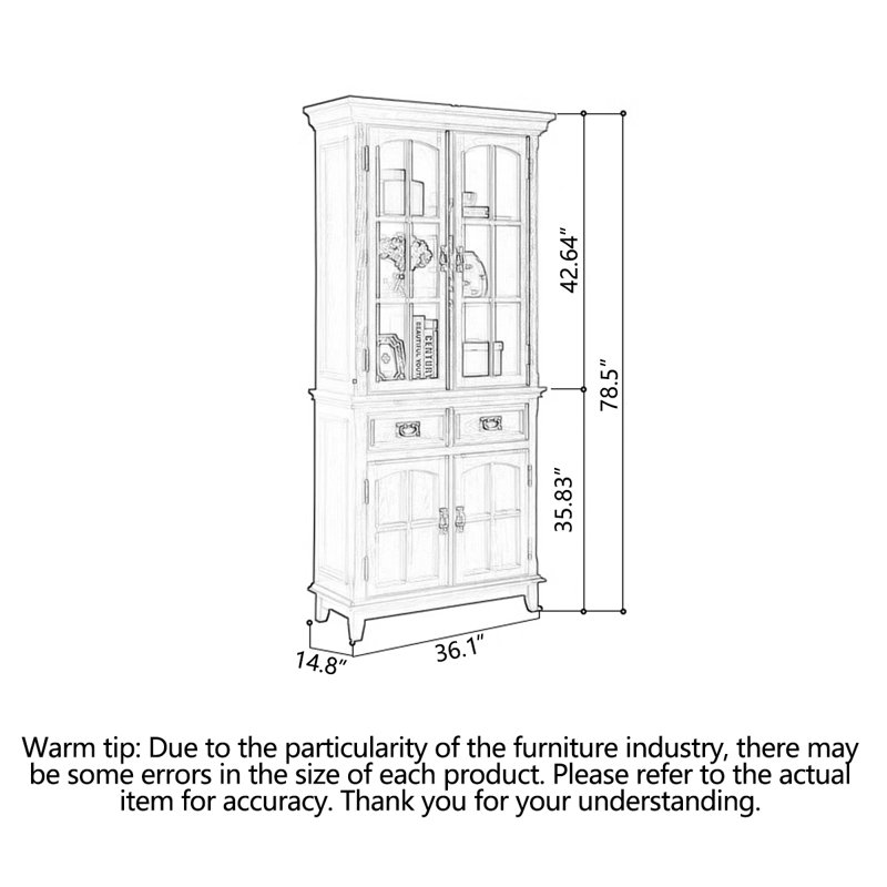 Grande armoire de rangement en bois rustique avec portes en verre et deux tiroirs, Brun
