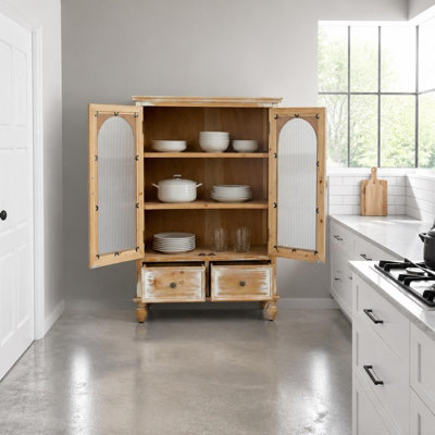 Vintage Farmhouse Freestanding Storage Cabinet with 2 Glass Doors and 2 Drawers, Rustic Wood Pantry Buffet Cupboard with Adjustable Shelves and Turned Legs, Multi-Room Display and Storage Unit for Kitchen, Dining Room, Living Room, Entryway