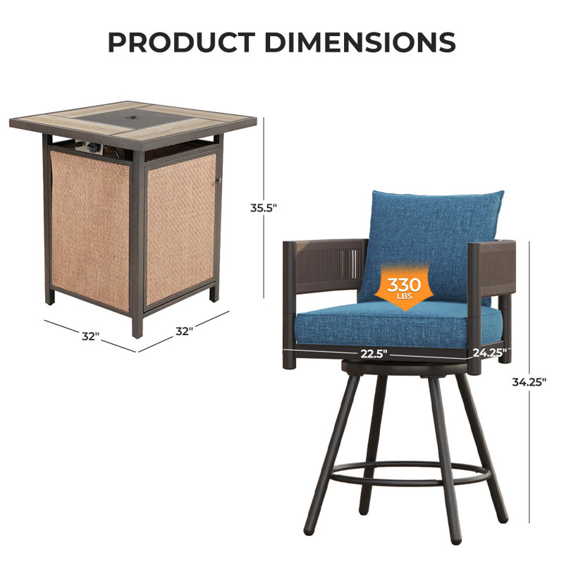 Maine Outdoor 5 Piece Steel Wicker Dinning Bar Stools  With Fire Pit, Brown Wicker/Peacock Blue