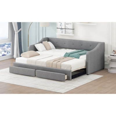 Lit de jour capitonné, du format Twin XL au format King, avec deux tiroirs gris - Lit moderne et élégant pour la décoration de la chambre à coucher. Tiroirs, tissu polyvalent pour la maison.