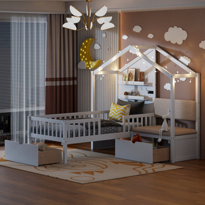 Lit simple en bois massif et panneau de fibres à densité moyenne blanc avec revêtement, station de charge, chargement sans fil, tiroirs - 1 pièce