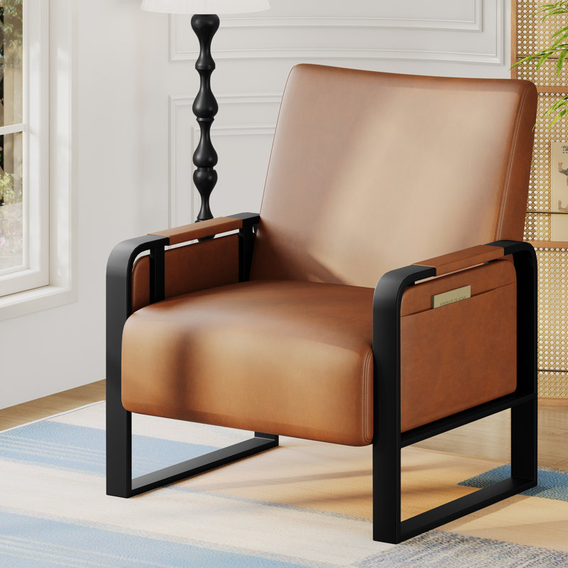 Whole Metal Frame Upholstered Accent Chair With Side Tray Table, Brown
