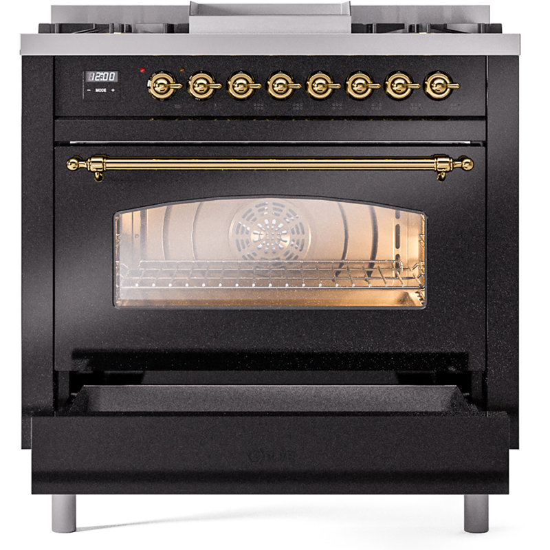 ILVE Nostalgie II 36 Dual Fuel Range, knobs, Natural Gas, Glossy Black/Brass